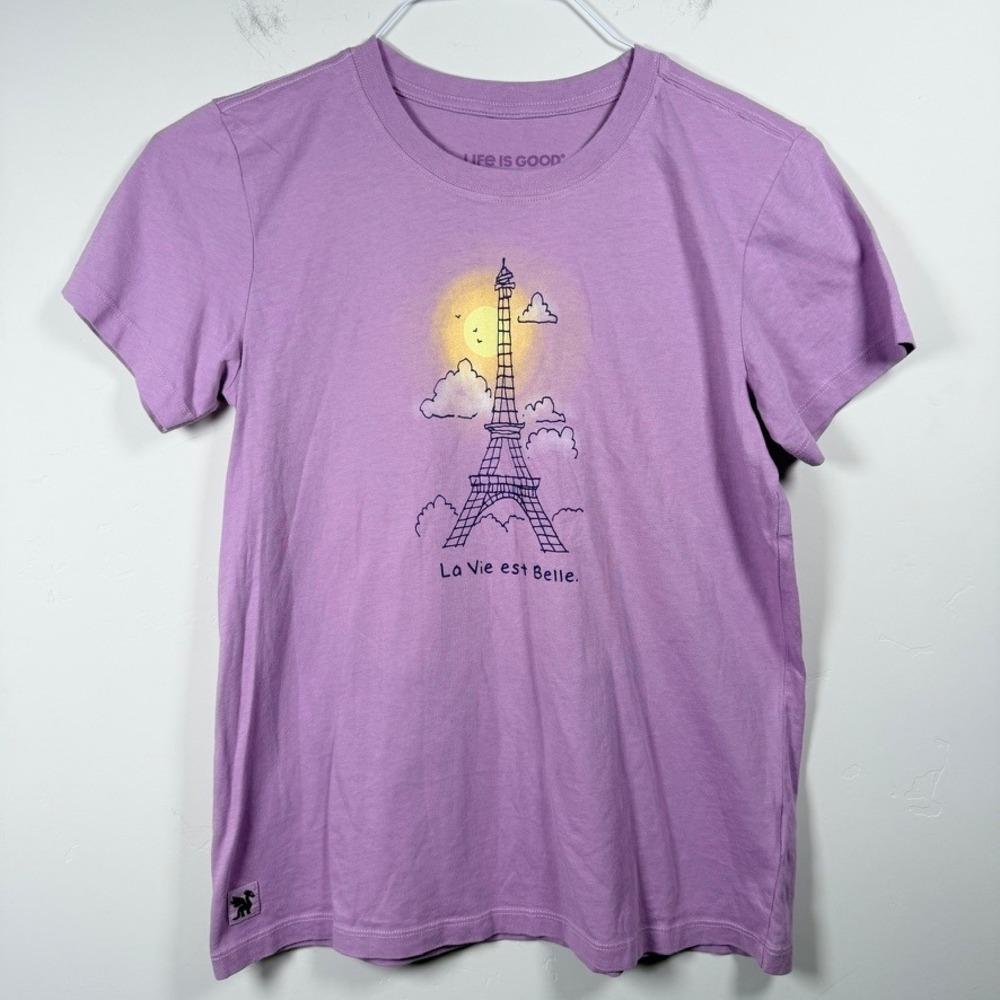 Life is Good Womens Crusher Lite Tee Small Short Sleeve Purple Eiffel Tower